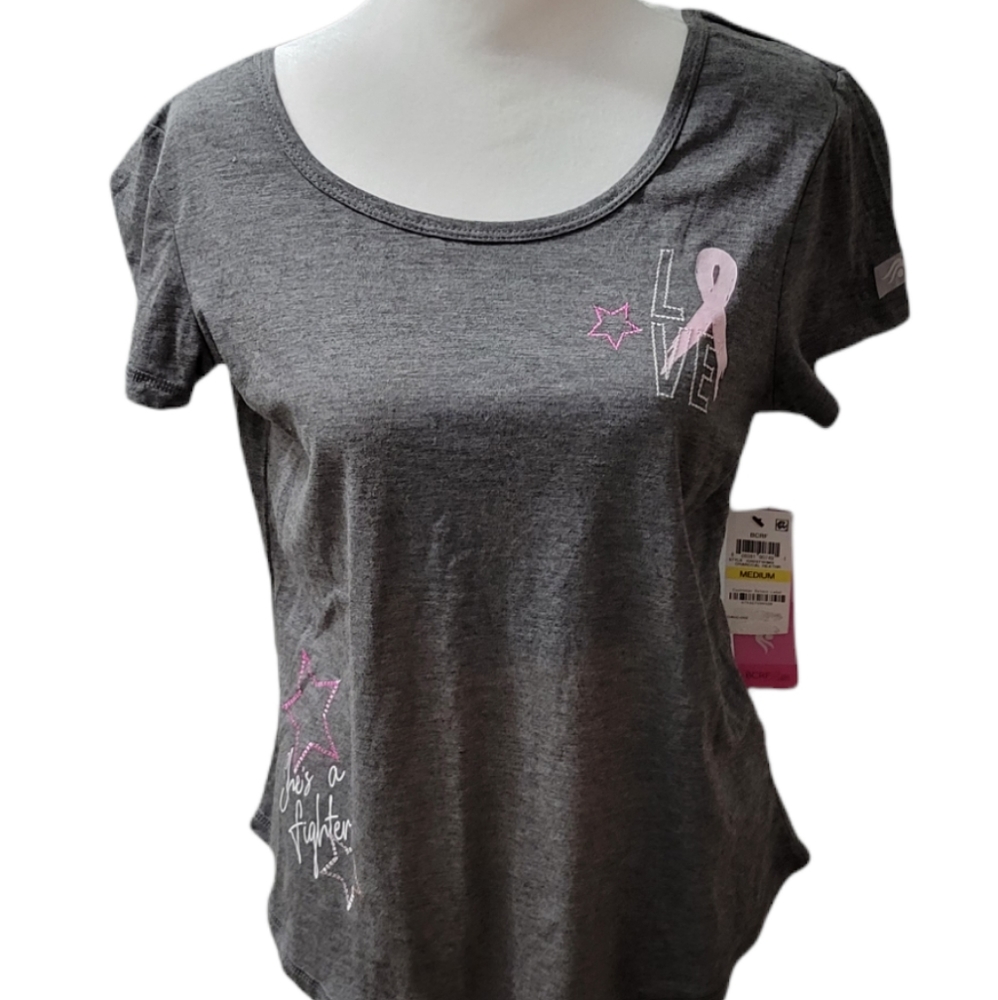 SALE! Ideology "She's a Fighter" scoop neck short sleeve top, Pink Ribbon